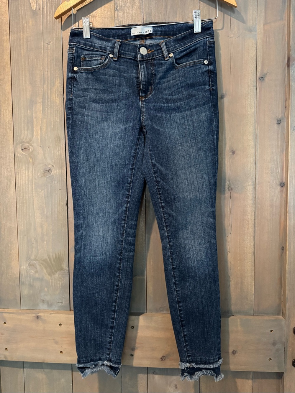 LOFT Dark Blue Cropped Skinny Jeans with Frayed Hem